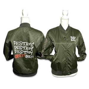 Obey XS Windbreaker Olive Green Long Sleeve Puffer Nylon Bomber Jacket